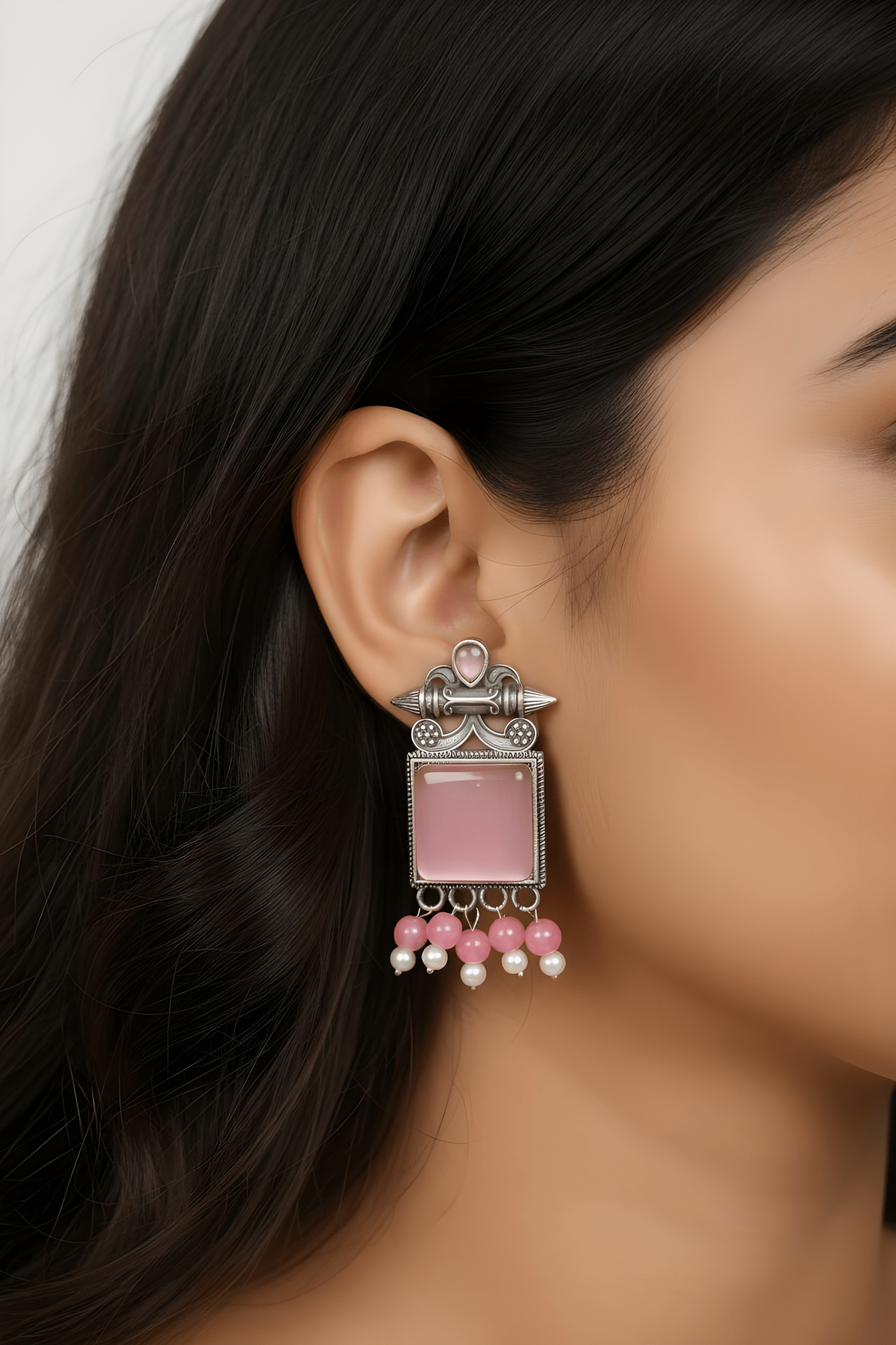 Monalisa Stone Oxidised Silver Replica Light Pink Colour Studs - Nishkarsh the royal radiance