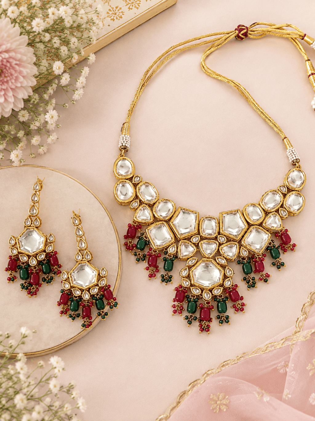 Bridal & Semi-Bridal Kundan Gold Plated Necklace Set With Earrings & Maang Tikka - Nishkarsh the royal radiance
