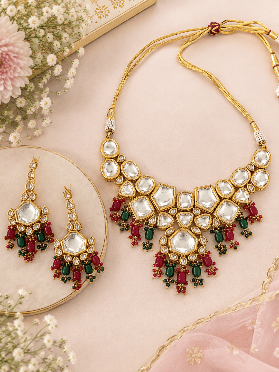 Bridal & Semi-Bridal Kundan Gold Plated Necklace Set With Earrings & Maang Tikka - Nishkarsh the royal radiance