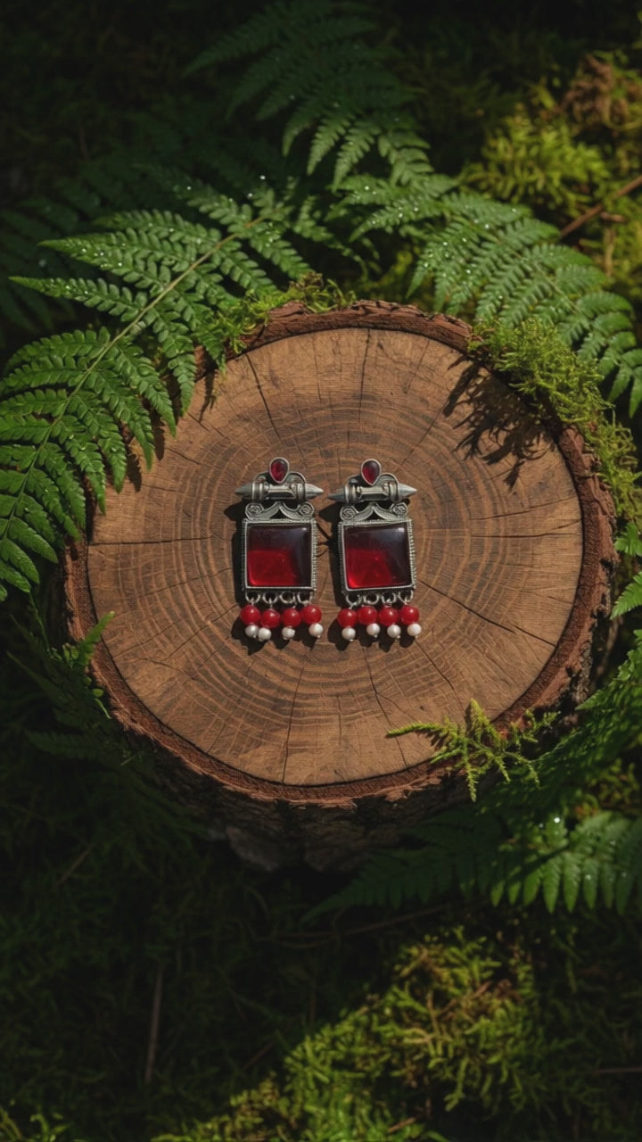 Monalisa Stone Oxidised Silver Replica Red Colour Studs