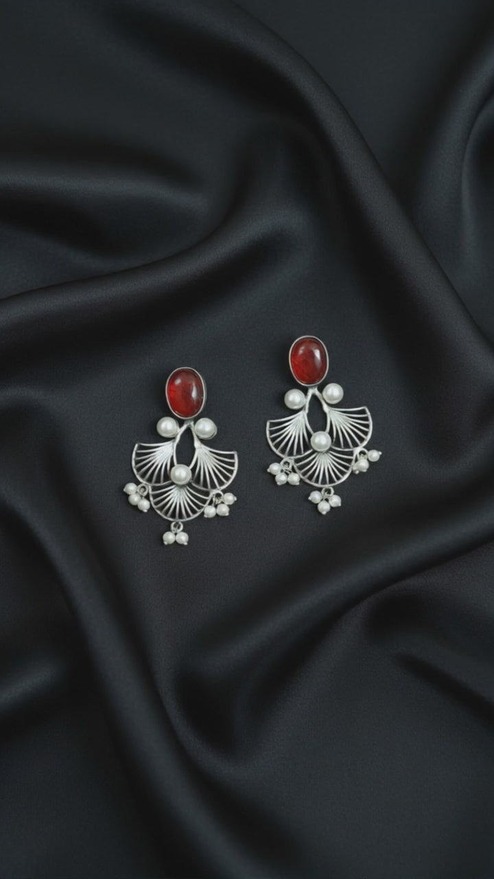 Monalisa Stone Oxidised Silver Replica Red Colour Studs