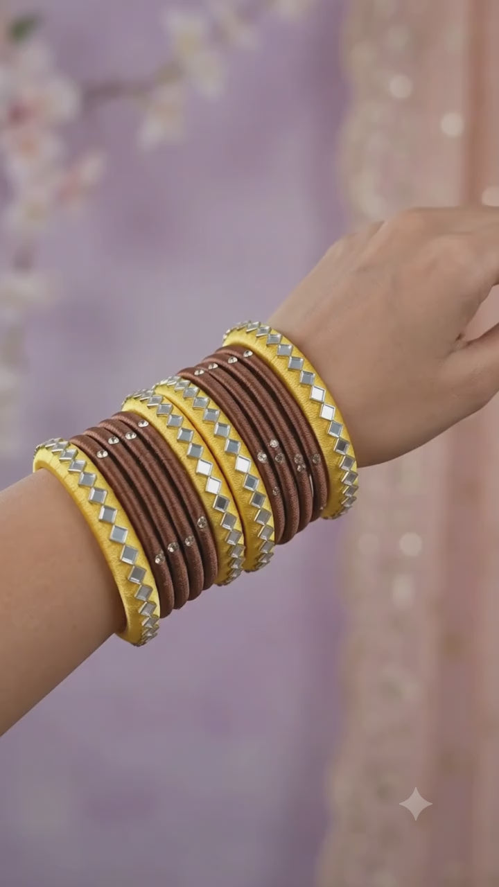 Silk Thread Bangles, Brown and Yellow Combination with kundan stones